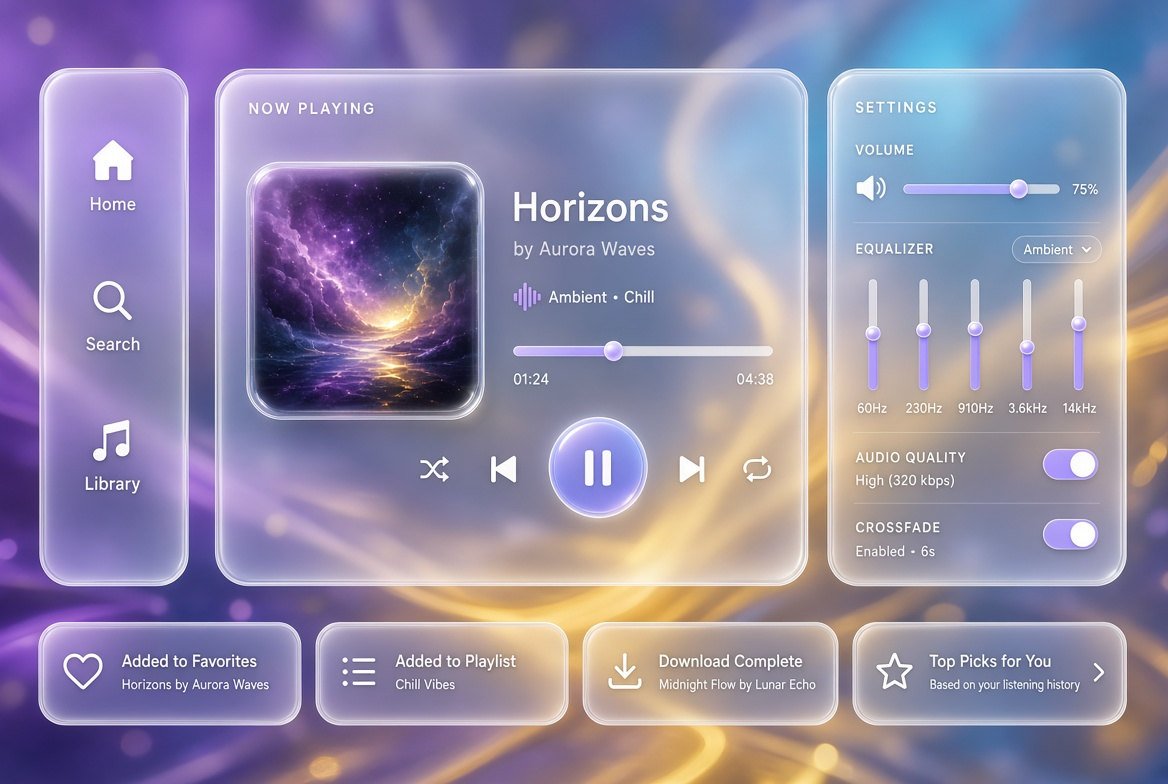 Translucent purple audio dashboard named Horizons