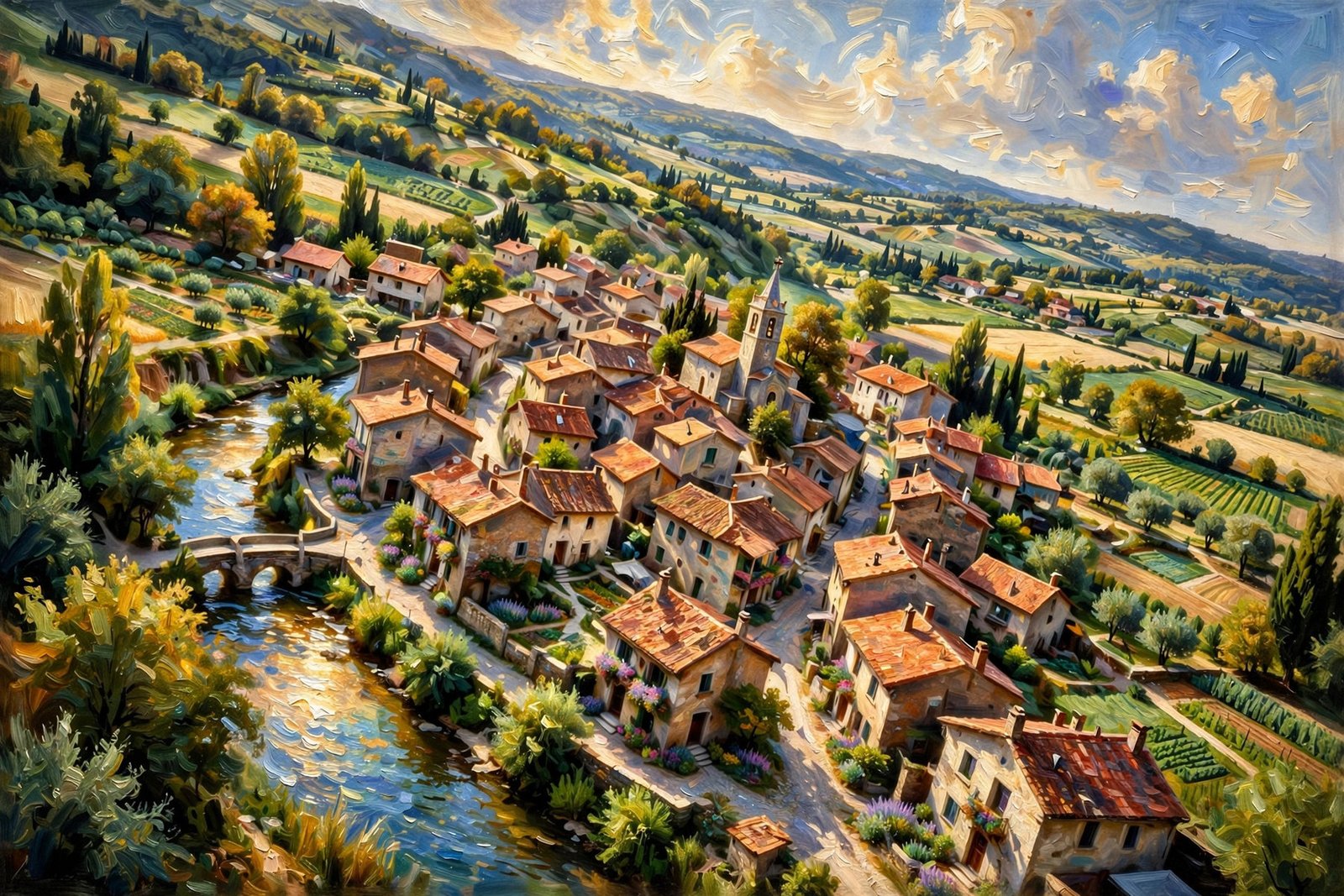 Painterly aerial landscape of a village