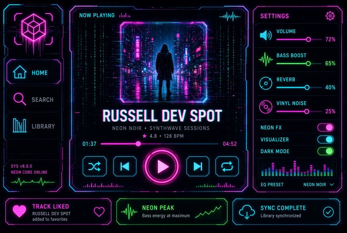 Neon purple and cyan music interface