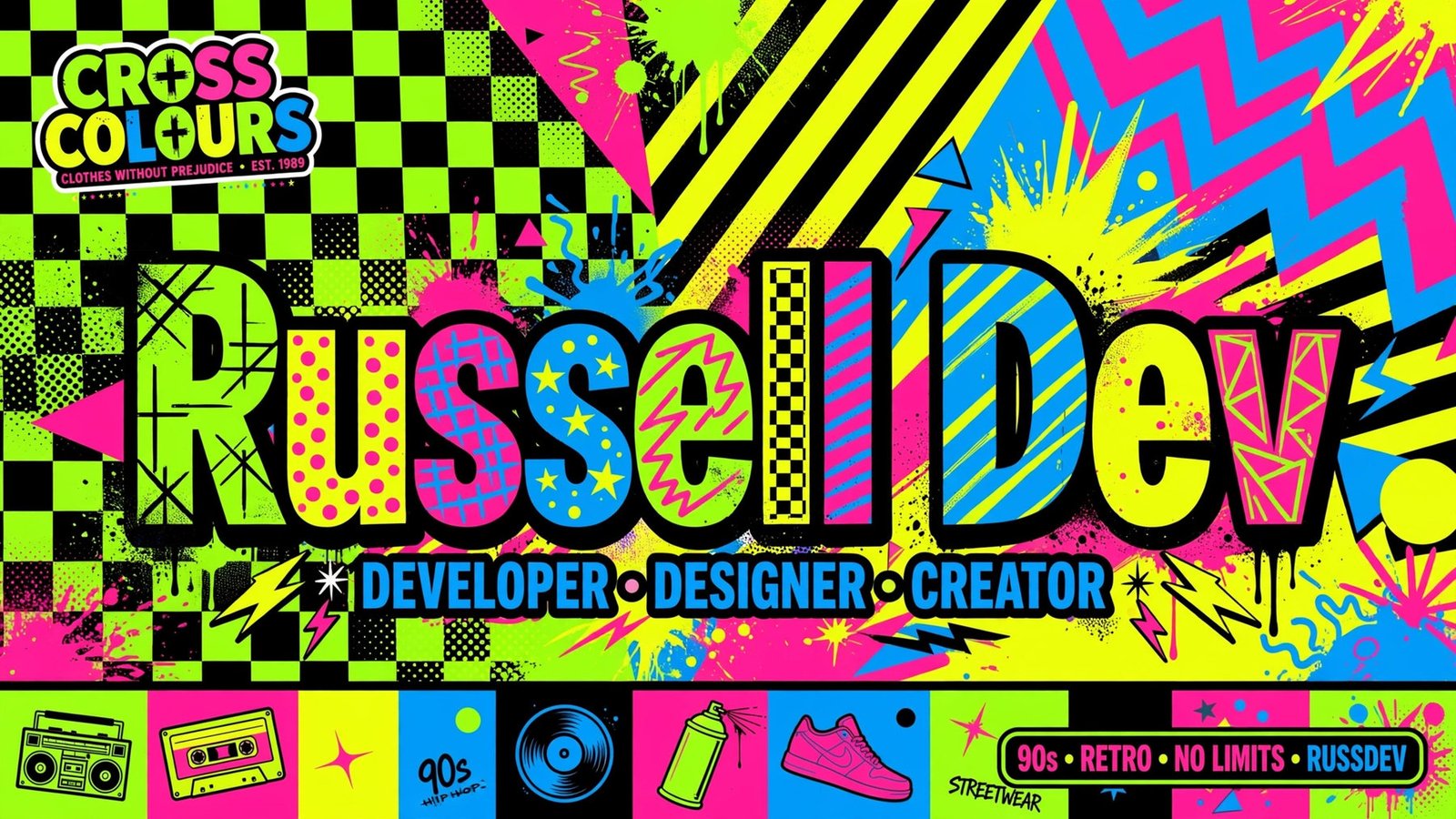 Colorful retro-futurist creative developer graphic with checkerboards and vivid geometric patterns