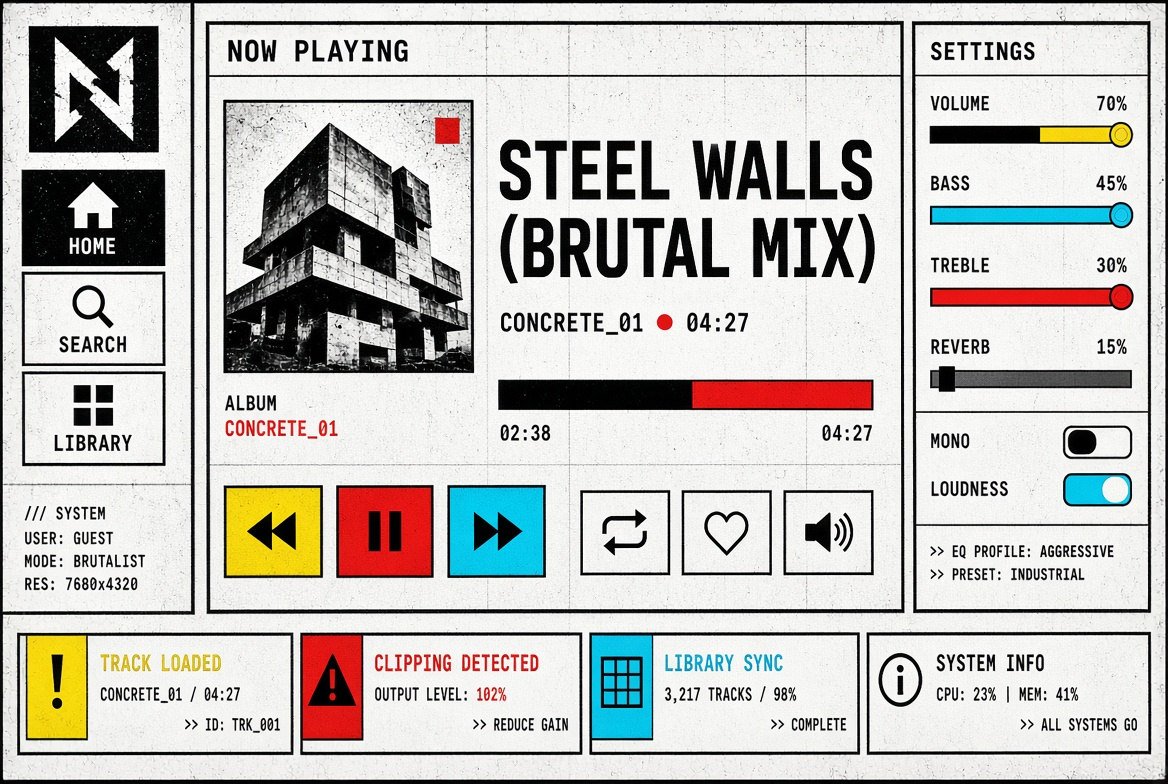 High-contrast brutalist music player for Steel Walls