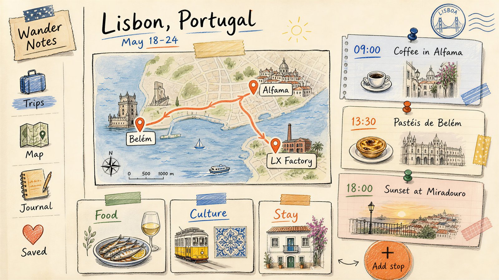 Hand-drawn Lisbon travel planner with itinerary, map, and notes